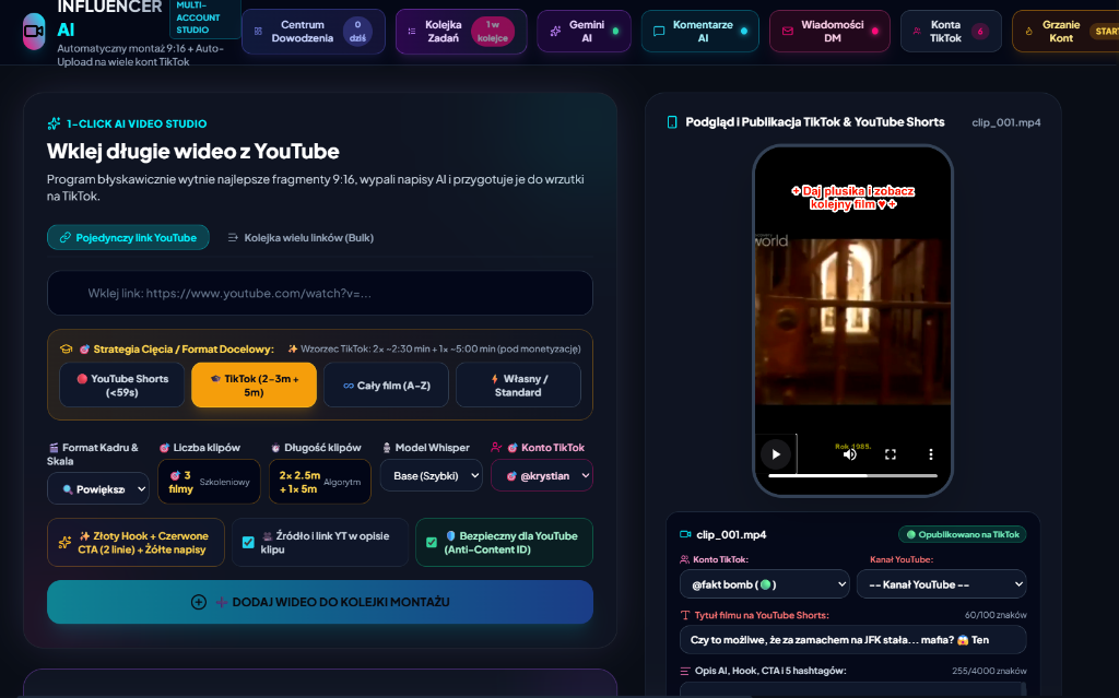 Interfejs programu INFLUENCER AI Studio Krystiana Kubacha